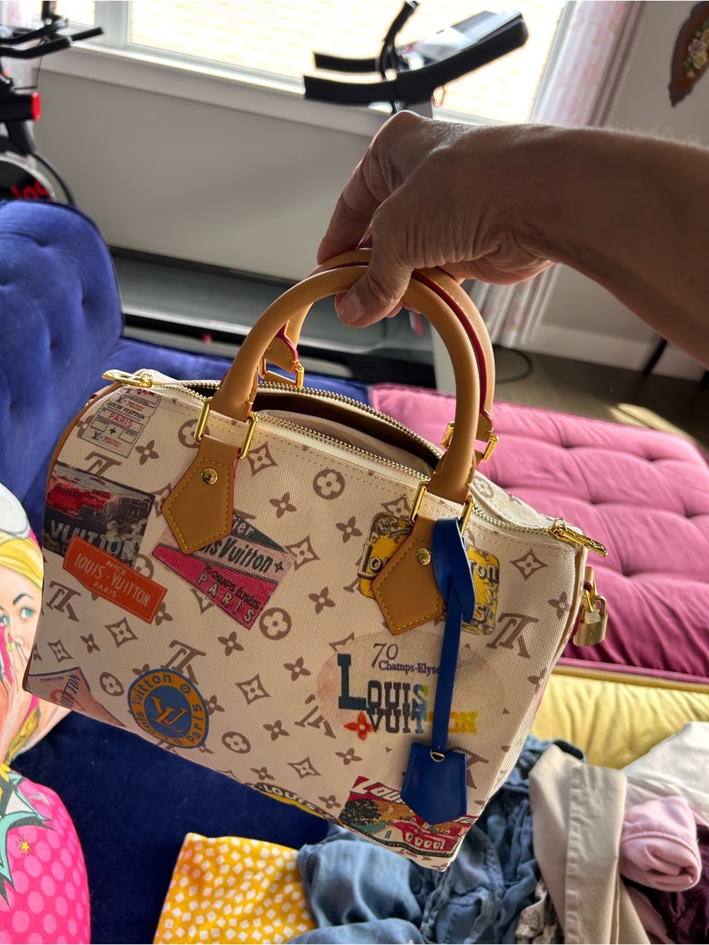 Louis Vuitton Beige Monogram Travel-Print Satchel with Blue Charm